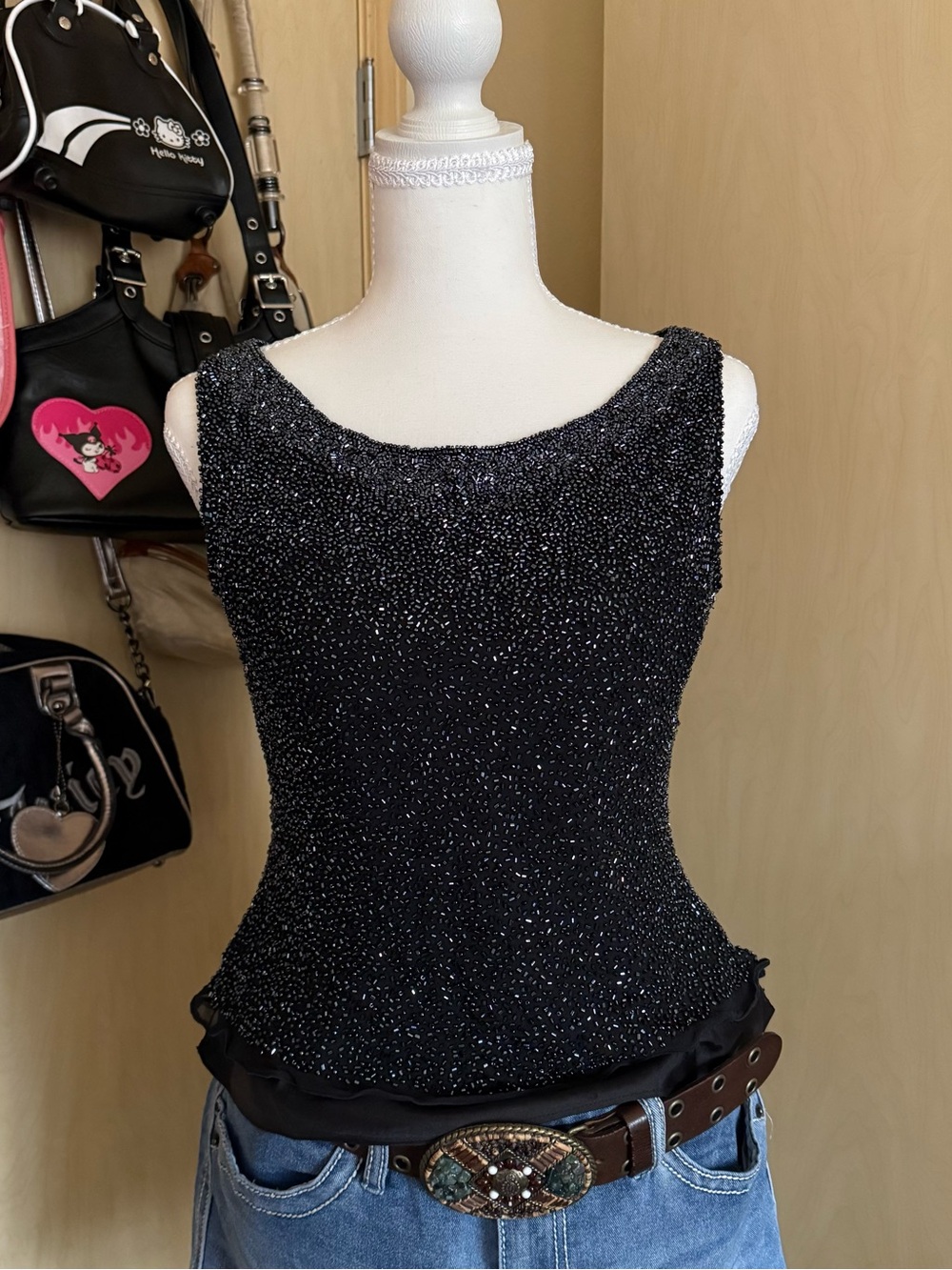 Scala Black Beaded Sleeveless Camisole